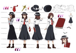 Rule 34 | 1girl, ankle boots, arrow (symbol), belt boots, black hat, black skirt, book, boots, bow, brown eyes, brown footwear, brown hair, character sheet, closed eyes, closed mouth, collared shirt, eyebrows, frilled skirt, frills, from behind, from side, full body, hair between eyes, hair bow, hat, hat bow, holding, holding book, interlocked fingers, karaori, long sleeves, looking at viewer, multiple views, necktie, neko (yanshoujie), open mouth, own hands together, profile, red necktie, shirt, sidelocks, simple background, skirt, smile, standing, the sealed esoteric history, touhou, translation request, turnaround, usami renko, white background, white bow, white shirt