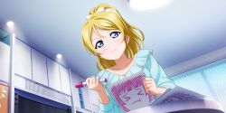 Rule 34 | 1girl, absurdres, aqua dress, artist name, artist request, ayase eli, blonde hair, blue eyes, blush, bow, breasts, collarbone, dress, female focus, hair between eyes, high ponytail, highres, holding, holding marker, holding notebook, indoors, long hair, long sleeves, looking at viewer, love live!, love live! school idol festival, love live! school idol festival all stars, love live! school idol project, marker, notebook, paper, parted lips, ponytail, smile, solo, table, upper body, white bow