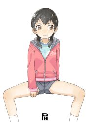 Rule 34 | 1girl, black hair, brown eyes, child, circle name, female focus, grin, hood, hoodie, low twintails, original, satsuyo, short shorts, shorts, simple background, sitting, smile, solo, spread legs, twintails, white background