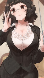 Rule 34 | 1girl, absurdres, adjusting eyewear, bespectacled, black hair, black jacket, black skirt, blush, breasts, cleavage, commentary request, glasses, highres, holding, holding pointer, jacket, kawakami sadayo, kurosususu, large breasts, light brown hair, lips, looking at viewer, looking down, messy hair, open collar, parted lips, persona, persona 5, pointer, semi-rimless eyewear, short hair, skirt, solo, striped clothes, striped jacket, striped skirt, teacher
