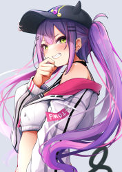 Rule 34 | 1girl, bare shoulders, baseball cap, black hat, blush, breasts, commentary request, fake horns, green eyes, grey background, grin, hair ornament, hairclip, hand up, hat, hololive, horned headwear, horns, jacket, long sleeves, minato yu, multicolored hair, off shoulder, open clothes, open jacket, pink hair, puffy long sleeves, puffy sleeves, purple hair, simple background, small breasts, smile, solo, streaked hair, tokoyami towa, twintails, upper body, virtual youtuber, white jacket