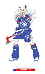 Rule 34 | 1girl, 2018 fifa world cup, :d, armor, armored dress, axe, blonde hair, blue eyes, blue legwear, braid, cleats, fang, fire, french braid, full body, horns, iceland, icelandic flag, long hair, looking at viewer, open mouth, shield, simple background, smile, soccer, solo, white background, white footwear, world cup, yu yanshu
