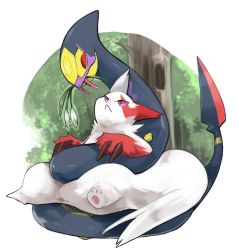 Rule 34 | claws, commentary request, creatures (company), fangs, flower, flower in mouth, forest, fur, game freak, gen 3 pokemon, hoshineko (mogyuneko822), leaf, nature, nintendo, no humans, plant, pokemon, pokemon (creature), pokemon rse, red eyes, seviper, sitting, snake, tail, tree, white background, wood, zangoose