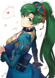 Rule 34 | 1girl, absurdres, alternate costume, blush, dress, fire emblem, fire emblem: the blazing blade, fire emblem heroes, green eyes, green hair, heart, high ponytail, highres, long hair, looking at viewer, lyn (fire emblem), lyn (valentine) (fire emblem), nintendo, ormille, ponytail, simple background, smile, solo, spoken heart