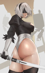 Rule 34 | 1girl, 2b (nier:automata), absurdres, ass, blindfold, bob cut, breasts, cleavage cutout, clothing cutout, cowboy shot, feathers, goth fashion, grey hair, hairband, highres, holding, holding weapon, juliet sleeves, large breasts, leotard, long sleeves, looking back, mori makoto, nier:automata, nier (series), puffy sleeves, short hair, sword, thick thighs, thighhighs, thighs, weapon