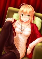 Rule 34 | 10s, 1girl, ahoge, black pantyhose, blonde hair, braid, chair, commentary request, fate/extra, fate (series), french braid, green eyes, grin, highres, jewelry, long hair, looking at viewer, necklace, nero claudius (fate), nero claudius (fate) (all), nero claudius (fate/extra), off-shoulder, off-shoulder sweater, off shoulder, pantyhose, pantyhose under shorts, ribbed sweater, shawl, shinachiku (uno0101), shorts, smile, solo, sweater