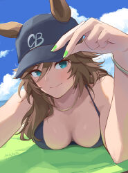 Rule 34 | 1girl, animal ears, artist name, bare shoulders, baseball cap, black hat, black tank top, blue eyes, blue sky, blush, breasts, cleavage, closed mouth, cloud, cloudy sky, commentary request, ears through headwear, grass, green nails, hat, highres, horse ears, horse girl, looking at viewer, lying, medium breasts, mr. c.b. (umamusume), mukakin, on stomach, outdoors, sky, smile, solo, tank top, umamusume