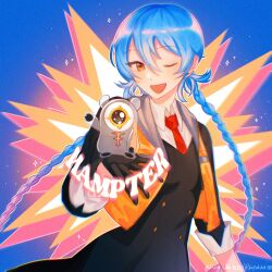 Rule 34 | 1girl, 1other, ai the somnium files, ai the somnium files: nirvana initiative, aiba (ai the somnium files), black gloves, blue hair, braid, buttons, collared shirt, commentary, english commentary, gloves, highres, koifish kk, long hair, long sleeves, necktie, okiura mizuki, one eye closed, open mouth, outstretched hand, red necktie, shirt, sleeves past elbows, star (symbol), twin braids, twintails, twitter username, upper body, very long hair, vest, yellow eyes