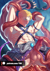 Rule 34 | 1boy, abs, ass, blonde hair, erection, male focus, muscular, nipples, pectorals, penis, restrained, sorcerer (tree of savior), tentacles, testicles, torn clothes, tree of savior, yasaka kumo