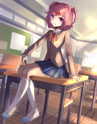 Rule 34 | 1girl, absurdres, blue skirt, chair, chalkboard, classroom, commentary, day, desk, doki doki literature club, english commentary, full body, grey jacket, hair ornament, hairclip, highres, indoors, jacket, kneehighs, long sleeves, looking at viewer, natsuki (doki doki literature club), on desk, parted lips, pink eyes, pink hair, pleated skirt, school chair, school desk, school uniform, short hair, sitting, skirt, smile, socks, solo, swept bangs, takuyarawr, two side up, white socks