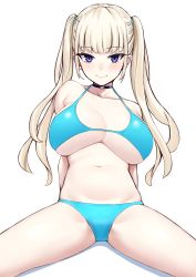 Rule 34 | 1girl, bare shoulders, bikini, blue bikini, blue eyes, blush, breasts, choker, cleavage, closed mouth, collarbone, halterneck, highres, jewelry, large breasts, light blonde haired girl (michihasu), long hair, looking at viewer, michihasu, original, sidelocks, silver hair, simple background, sitting, solo, spread legs, swimsuit, thighs, twintails, white background