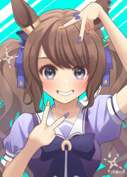 Rule 34 | 1girl, absurdres, animal ears, blue background, blue nails, blush, bow, breasts, brown hair, commentary request, double v, ear ornament, ear piercing, grin, highres, horse ears, horse girl, jewelry, long hair, medium breasts, multicolored nails, nail polish, nankanashi, piercing, puffy short sleeves, puffy sleeves, purple bow, purple eyes, purple shirt, ring, sailor collar, shirt, short sleeves, smile, solo, tosen jordan (umamusume), twintails, two-tone background, umamusume, upper body, v, white background, yellow nails