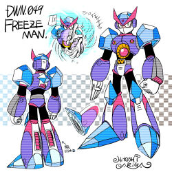 Rule 34 | !, !!, 1boy, android, ariga hitoshi, arm cannon, armor, arrow (symbol), artist name, belt, black bodysuit, blue armor, blue footwear, bodysuit, boots, character name, character sheet, checkered background, chest jewel, clenched hand, commentary request, concept art, freeze man, from behind, full body, gem, gesture, gloves, gradient background, green eyes, grey background, grey belt, helmet, highres, ice, knee boots, blue background, looking ahead, looking at viewer, male focus, mega man (classic), mega man (series), mega man 7, mega man megamix, multiple views, no humans, no mouth, outstretched arms, portrait, purple armor, purple footwear, red gemstone, robot, scanlines, shoe soles, shoulder armor, signature, simple background, speech bubble, standing, three quarter view, translation request, turnaround, weapon, white background, white gloves