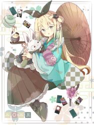 Rule 34 | 1girl, :d, alice in wonderland, ball, black footwear, black ribbon, blonde hair, blue kimono, boots, braid, brown hakama, brown umbrella, card, cheshire cat (alice in wonderland), commentary, cross-laced footwear, full body, green eyes, hair ribbon, hakama, hakama skirt, highres, japanese clothes, kimono, lace-up boots, long sleeves, looking at viewer, oil-paper umbrella, open mouth, original, ribbon, skirt, smile, solo, symbol-only commentary, tsukiyo (skymint), two side up, umbrella, unmoving pattern, white rabbit (alice in wonderland), wide sleeves