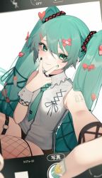 Rule 34 | 1girl, aqua eyes, aqua hair, aqua necktie, bandaid, bare shoulders, blush, breasts, brown shorts, closed mouth, collared shirt, commentary request, cross-laced clothes, fishnet thighhighs, fishnets, grey shirt, hair between eyes, hair ornament, hand on own face, hand up, hatsune miku, heart, heart hair ornament, hiiragi mikoto, jewelry, long hair, looking at viewer, nail art, nail polish, necktie, outstretched arm, fake phone screenshot, ring, selfie, shirt, short shorts, shorts, shoulder tattoo, sleeveless, small breasts, smile, solo, tattoo, thigh strap, thighhighs, twintails, v, very long hair, vocaloid, white background, wrist cuffs