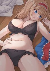 Rule 34 | 1girl, absurdres, alice margatroid, belly, black bow, black bra, black panties, blonde hair, blue eyes, blush, bow, bow bra, bow panties, bra, breasts, cleavage, collarbone, commentary, commission, cowboy shot, embarrassed, empty eyes, eyelashes, frilled hairband, frills, gluteal fold, hair between eyes, hairband, hand on own hip, hand up, head tilt, highres, lace, lace-trimmed bra, lace-trimmed panties, lace trim, large breasts, lingerie, looking to the side, lying, medium hair, navel, on back, on floor, open mouth, panties, pixiv commission, plump, raised eyebrows, ramie (ramie541), red hairband, skirt, solo, spiked hair, tears, touhou, tsurime, underwear, underwear only, unworn shirt, unworn skirt