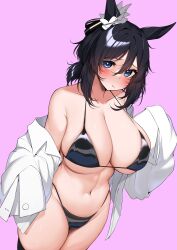 Rule 34 | 1girl, :t, absurdres, animal ears, bikini, black bikini, black hair, black ribbon, black thighhighs, blue eyes, blush, borrowed clothes, bow, closed mouth, collarbone, commentary request, commission, ear ribbon, eishin flash (umamusume), hair between eyes, highres, horse ears, horse girl, kshimu, looking at viewer, navel, open clothes, open shirt, pink background, pout, ribbon, shirt, short hair, simple background, skeb commission, sleeves past fingers, sleeves past wrists, solo, swimsuit, thighhighs, thighs, tracen swimsuit, umamusume, white shirt