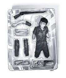 Rule 34 | 1boy, action figure, artist name, black hair, commentary, fear &amp; hunger, fear &amp; hunger 2: termina, gun, handgun, hanstrmoft, highres, jumpsuit, levi (fear &amp; hunger), model kit, monochrome, objectification, rifle, short hair, simple background, solo, toy, toy packaging, weapon, white background