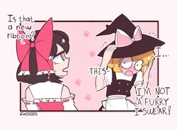 Rule 34 | 2girls, apron, bare shoulders, black eyes, black hair, black vest, blonde hair, blush, bow, commentary, constricted pupils, detached sleeves, embarrassed, english commentary, english text, eosd2002, flying sweatdrops, hair bow, hair tubes, hakurei reimu, hand on headwear, hat, hat bow, kirisame marisa, multiple girls, open mouth, outside border, paw print, paw print background, profile, puffy short sleeves, puffy sleeves, red bow, red shirt, shirt, short hair, short sleeves, touhou, unfinished dream of all living ghost, vest, white apron, white bow, witch hat