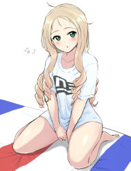 Rule 34 | 1girl, :o, alternate costume, barefoot, blonde hair, casual, covering privates, covering crotch, drill hair, full body, girls und panzer, green eyes, long hair, looking at viewer, marie (girls und panzer), messy hair, nasunael, open mouth, shirt, simple background, sitting, solo, wariza, white shirt