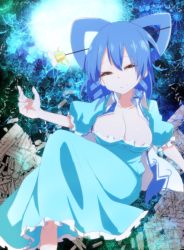 Rule 34 | 1girl, aqua dress, blue hair, breasts, cleavage, dress, hair ornament, hair rings, hair stick, half-closed eyes, highres, kaku seiga, large breasts, open clothes, open vest, puffy short sleeves, puffy sleeves, short sleeves, smile, solo, takorice, touhou, vest