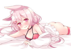Rule 34 | 1girl, ahoge, animal ear fluff, animal ears, ass, bed sheet, blackrosebit, blush, bottomless, camisole, choker, commentary request, flat chest, hair ornament, hairclip, jacket, long hair, low twintails, lying, off shoulder, on stomach, open mouth, pink eyes, pink hair, rabbit ears, red camisole, sheet grab, simple background, solo, striped clothes, striped thighhighs, tears, thighhighs, tomari mari, tomari mari channel, trembling, twintails, virtual youtuber, white background, white jacket