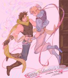 Rule 34 | 2boys, blonde hair, blue footwear, brown hair, bubble, caesar anthonio zeppeli, crop top, dated, denim, facial mark, feather hair ornament, feathers, fingerless gloves, flower, gloves, green scarf, hair ornament, headband, heart, heart bubbles, highres, hydrangea, jeans, jojo no kimyou na bouken, joseph joestar, joseph joestar (young), male focus, midriff, mitus, multiple boys, pants, scarf, signature, striped clothes, striped scarf, triangle print, valentine