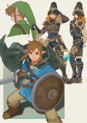 Rule 34 | 1boy, ancient set (zelda), armor, arrow (projectile), blonde hair, blue eyes, boots, cape, earrings, fingerless gloves, full body, gloves, green headwear, hair ornament, helmet, highres, holding, holding shield, ivy (sena0119), jewelry, link, long hair, looking at viewer, male focus, multiple views, nintendo, pointy ears, shield, shoulder armor, standing, sword, the legend of zelda, the legend of zelda: breath of the wild, weapon