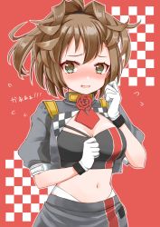 Rule 34 | 1girl, alternate costume, blush, breasts, brown hair, cleavage, cocoperino, flower, flying sweatdrops, gloves, highres, kantai collection, medium breasts, midriff, navel, nose blush, open mouth, ponytail, race queen, red flower, red neckwear, red rose, rose, sheffield (kancolle), short sleeves, simple background, skirt, solo, two-tone background, white gloves