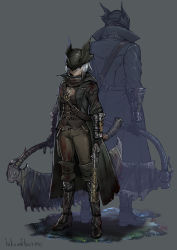 Rule 34 | 1boy, 1girl, back-to-back, blood, blood on clothes, blood on face, bloodborne, boots, coat, dual persona, dual wielding, evelyn (weapon), glasses, gloves, gun, height difference, highres, holding, holding weapon, hunter (bloodborne), iltusa, looking at viewer, pants, saw, saw cleaver, scarf, serious, standing, trench coat, vambraces, weapon, white hair