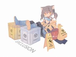 Rule 34 | 1girl, :o, animal ears, black gloves, blue skirt, boots, bucket, cat ears, daizu (melon-lemon), english text, flat chest, gloves, grey background, highres, jitome, looking at viewer, low twintails, no nose, open mouth, original, pleated skirt, shoe soles, sign, simple background, sitting, skirt, solo, twintails, warning sign