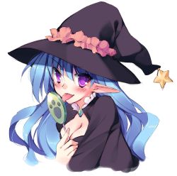 Rule 34 | 1girl, aqua hair, blush, breasts, cleavage, hat, licking, long hair, original, pointy ears, purple eyes, satsuki misuzu, solo, tongue, transparent background, witch hat