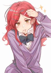 Rule 34 | 1girl, alternate hairstyle, blush, bocchi the rock!, canis428, collared shirt, dress shirt, earrings, green eyes, hair ornament, hair tie in mouth, hairclip, hand on own head, highres, jewelry, kita ikuyo, long hair, mouth hold, red hair, school uniform, shirt, solo, sparkle, upper body, white shirt, x hair ornament