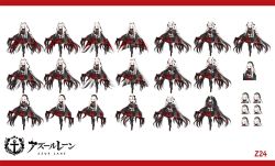 Rule 34 | 1girl, azur lane, black dress, black hair, black ribbon, character name, claw (weapon), claws, cross, dress, gradient hair, hair between eyes, horns, iron cross, long hair, mechanical arms, multicolored hair, multiple views, official art, red dress, ribbon, simple background, sketch, twintails, two-tone hair, very long hair, vilor, weapon, white background, white hair, wide sleeves, z24 (azur lane)