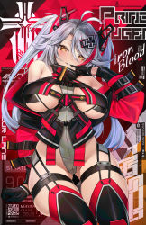 Rule 34 | 1girl, absurdres, alternate costume, artist name, azur lane, bare shoulders, black gloves, black thighhighs, breastless clothes, breasts, breasts apart, character name, cross, finger to mouth, gloves, gluteal fold, grey hair, headgear, highleg, highleg swimsuit, highres, iron blood (emblem), iron cross, jacket, large breasts, long hair, long sleeves, multicolored hair, nekodayo22, prinz eugen (azur lane), red hair, red jacket, skindentation, solo, streaked hair, swimsuit, thigh strap, thighhighs, two-tone hair