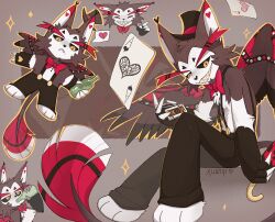 Rule 34 | 1boy, :&lt;, absurdres, ace (playing card), ace of hearts, animal ears, animal nose, artist name, black headwear, black pants, black sclera, body fur, bottle, bow, bowtie, brown fur, brown wings, card, cat boy, cat ears, chibi, chinese commentary, claws, closed mouth, colored sclera, commentary request, drinking, fieryaki, film grain, full body, furry, furry male, grey background, grin, hat, hazbin hotel, heart, highres, holding, holding bottle, holding card, holding umbrella, husk (hazbin hotel), invisible chair, jitome, looking at viewer, male focus, multiple views, outline, pants, playing card, queen (playing card), queen of clubs, red bow, red bowtie, red umbrella, red wings, sharp teeth, simple background, sitting, smile, sparkle, suspenders, tail, teeth, top hat, traditional bowtie, two-tone fur, umbrella, white fur, wings, yellow eyes, yellow outline, yellow teeth, zoom layer