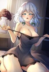 Rule 34 | 1girl, :o, \||/, absurdres, alternate costume, bare legs, bare shoulders, barefoot, blue eyes, blush, bow, braid, breasts, cleavage, commentary request, dress, flower, green bow, grey dress, grey hair, hair bow, hair ribbon, hands up, highres, indoors, izayoi sakuya, large breasts, looking at viewer, medium hair, no headwear, on bed, open mouth, red flower, red rose, ribbon, rose, rushigi0, sidelighting, sitting, solo, strap pull, teeth, touhou, tress ribbon, twin braids, undressing, upper teeth only, vase, wariza, window