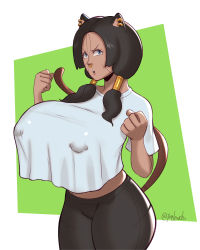 Rule 34 | 1girl, :o, absurdres, animal ears, black hair, blue eyes, breasts, cat ears, cat tail, clothes, covered erect nipples, crop top, crop top overhang, dragon ball, dragonball z, ear piercing, female focus, highres, huge breasts, joylewds, looking at viewer, nipple piercing, nose piercing, open mouth, piercing, solo, tail, twintails, videl