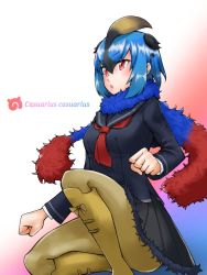 Rule 34 | 10s, 1girl, black hair, blonde hair, blue hair, boots, character name, feathered wings, fur trim, japari symbol, kemono friends, losmal indicus, miniskirt, multicolored hair, open mouth, pantyhose, red eyes, sailor collar, scarf, sitting, skirt, solo, southern cassowary (kemono friends), wings