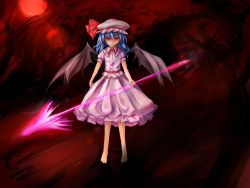 Rule 34 | 1girl, absurdres, baisi shaonian, barefoot, bat wings, blue hair, female focus, haraguroi you, hat, highres, red eyes, remilia scarlet, solo, spear the gungnir, touhou, wings