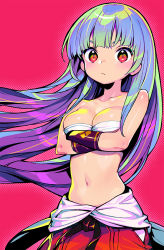 Rule 34 | 1girl, bandages, bare shoulders, blue hair, blush, breasts, chest sarashi, cleavage, closed mouth, collarbone, crossed arms, eyebrows hidden by hair, hakama, hakama skirt, japanese clothes, kula diamond, long hair, looking at viewer, medium breasts, midriff, navel, onono imoko, purple hair, red background, red eyes, sarashi, simple background, skirt, solo, standing, the king of fighters