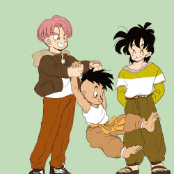 Rule 34 | 3boys, barefoot, belt, black hair, carrying, child, closed eyes, dragon ball, dragonball z, expressionless, feet, green background, hand in pocket, happy, highres, jacket, long sleeves, looking at another, looking away, male focus, mohawk, multiple boys, open mouth, pants, purple eyes, purple hair, sandals, shirt, short hair, simple background, smile, son goten, toes, trunks (dragon ball), uub, white shirt