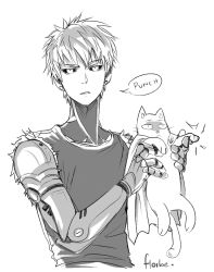 Rule 34 | 1boy, black sclera, cape, cat, colored sclera, cosplay, cyborg, earrings, english text, genos, greyscale, jewelry, male focus, mechanical arms, monochrome, one-punch man, saitama (one-punch man), saitama (one-punch man) (cosplay), signature, solo, stud earrings, upper body