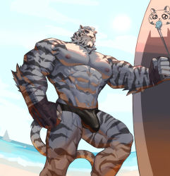 Rule 34 | 1boy, abs, absurdres, alternate costume, animal ears, arknights, bara, bare pectorals, beach, black male swimwear, black male underwear, black swim briefs, bulge, contrapposto, feet out of frame, fingerless gloves, flaccid, furry, furry male, gloves, highres, large pectorals, looking at viewer, male focus, male swimwear, male underwear, mountain (arknights), muscular, navel, nipples, pectorals, scar, scar across eye, scar on face, short hair, solo, surfboard, swim briefs, swimsuit, tail, thick thighs, thighs, tiger boy, tiger ears, tiger stripes, tiger tail, underwear, white eyes, white fur, white hair, xianyusamuel