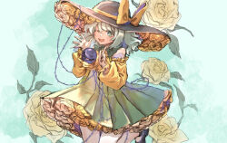 Rule 34 | 1girl, bare shoulders, black footwear, black hat, blush, commentary, detached sleeves, flower, green eyes, green hair, green skirt, hat, hat ribbon, highres, koishi day, komeiji koishi, one eye closed, open mouth, pleated skirt, ribbon, rose, shirt, shoes, short hair, shouxishao jiuyuan, skirt, smile, solo, symbol-only commentary, third eye, touhou, yellow flower, yellow ribbon, yellow rose, yellow shirt