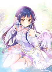 Rule 34 | 1girl, artist progress, bare shoulders, barefoot, blue hair, blush, commentary request, feathered wings, flower, hair between eyes, hair flower, hair ornament, highres, long hair, looking at viewer, love live!, love live! school idol festival, love live! school idol project, mocha (naturefour), open mouth, redrawn, shorts, sitting, smile, solo, sonoda umi, white wings, wings, x hair ornament, yellow eyes