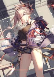Rule 34 | 1girl, absurdres, black shirt, blue eyes, breasts, blowing bubbles, coat, crop top, earrings, fate/grand order, fate (series), floating hair, glint, grin, hair ornament, hand in pocket, highres, holding, holding sword, holding weapon, jewelry, katana, ks (xephyrks), large breasts, long hair, looking at viewer, magatama, midriff, miyamoto musashi (fate), multiple swords, necklace, open clothes, open coat, outdoors, pink hair, ponytail, shirt, short shorts, shorts, smile, solo, standing, sword, thighs, weapon, wind