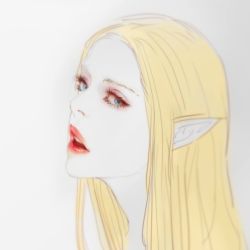 Rule 34 | 1girl, artist request, character request, copyright request, elf, eyelashes, fantasy, highres, pointy ears, portrait, simple background, white background