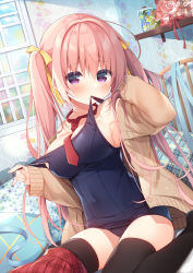 Rule 34 | 1girl, areola slip, bare shoulders, black one-piece swimsuit, black thighhighs, blush, bow, breasts, brown cardigan, cardigan, commentary request, hair between eyes, hair bow, hanamiya natsuka, hands up, indoors, large breasts, long hair, long sleeves, looking at viewer, mouth hold, off shoulder, old school swimsuit, one-piece swimsuit, open cardigan, open clothes, original, pillow, pink hair, plaid, plaid skirt, pleated skirt, pulled by self, purple eyes, red skirt, school swimsuit, sitting, skirt, skirt around one leg, sleeves past wrists, solo, strap pull, swimsuit, swimsuit under clothes, thighhighs, twintails, very long hair, wariza, yellow bow