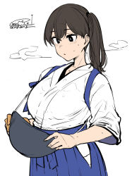 Rule 34 | 1girl, artist name, blue hakama, brown eyes, brown hair, commentary request, cowboy shot, dated, hair between eyes, hakama, hakama skirt, happa (cloverppd), holding, japanese clothes, kaga (kancolle), kantai collection, long hair, muneate, partial commentary, side ponytail, simple background, skirt, solo, tasuki, white background